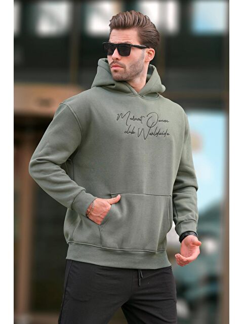 Madmext Haki Kapüşonlu Cep Detaylı Baskılı  Erkek Hoodie 7064 - S000244955-18547