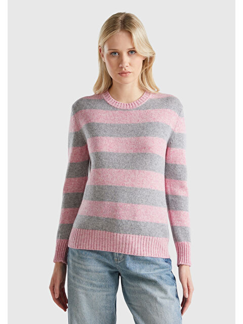 United Colors Of Benetton Kadın Pembe Melanj %100 Yün Çizgili Shetland Kazak - S000307290-20024