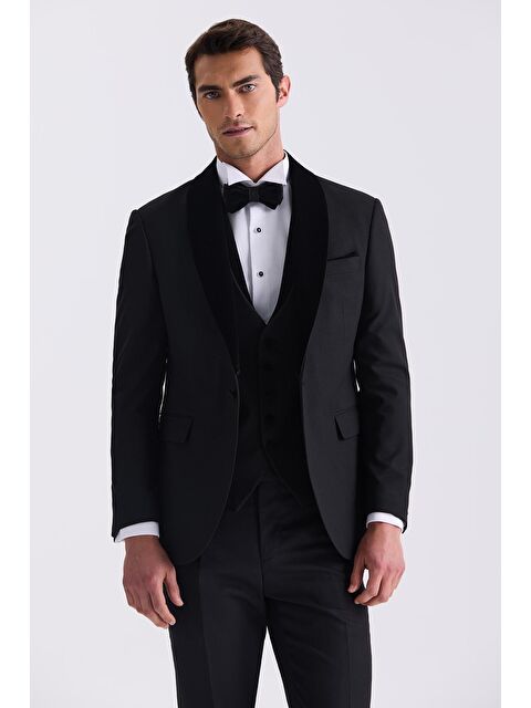 JAKAMEN Siyah Slim Fit Şal Yaka Yelekli Smokin Takım Elbise - S000497017-19351