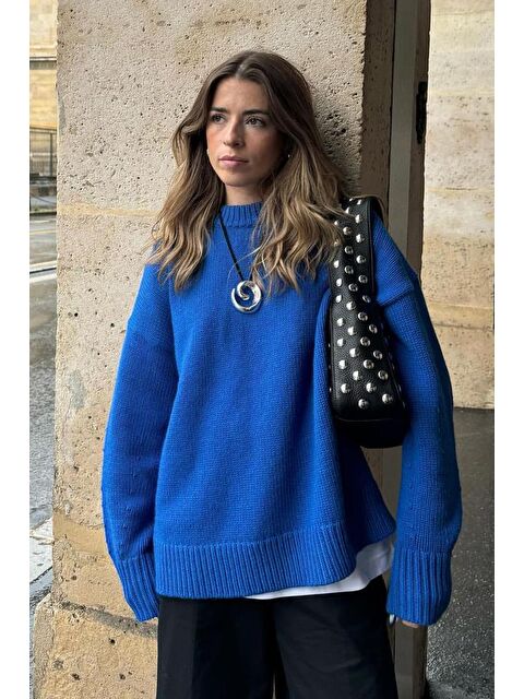 Madmext Saks Bisiklet Yaka Oversize Triko Kazak Mg1972 - S000127733-23710