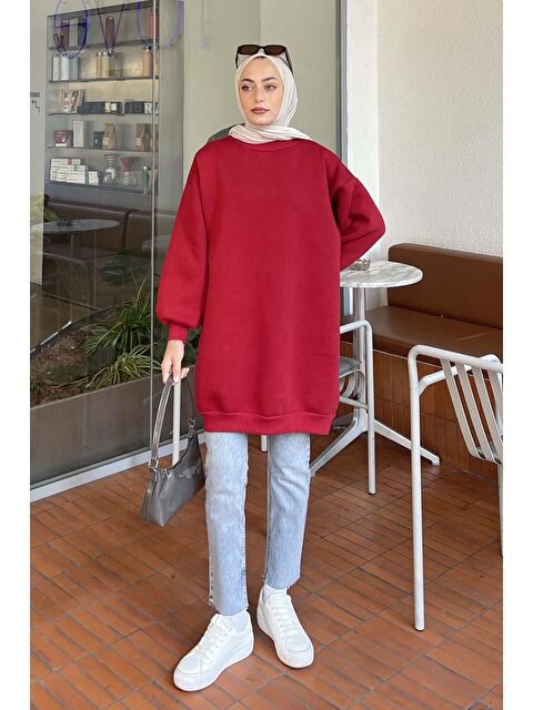 Lamelif Üç İplik Balon Kol Tunik Bordo - S000518493-19951