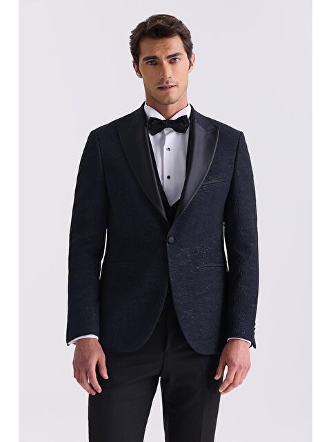 JAKAMEN Koyu Lacivert Slim Fit Sivri Yaka Yelekli Smokin Takım Elbise - S000497020-29672
