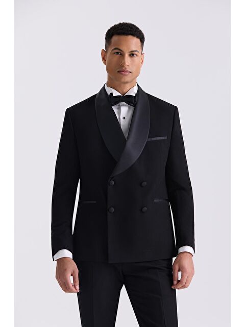 JAKAMEN Siyah Slim Fit Sabit Şal Yaka Kruvaze Smokin Takım Elbise - S000497021-19351