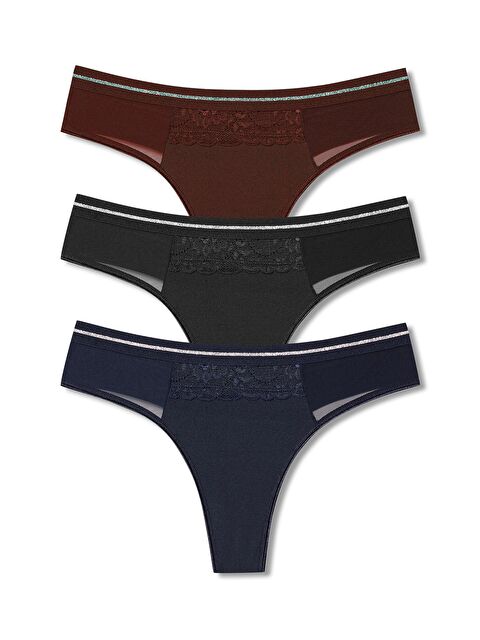 Hnx İnterlok Dantel ve Tül Detaylı Kadın Tanga Külot 3'lü Paket - S000205266-37355