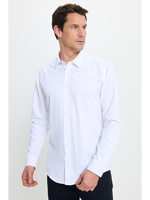 TUDORS Modern Slim Fit Uzun Kollu Pamuklu Kolay Ütü Armürlü Beyaz Erkek Gömlek - S000519866-20063