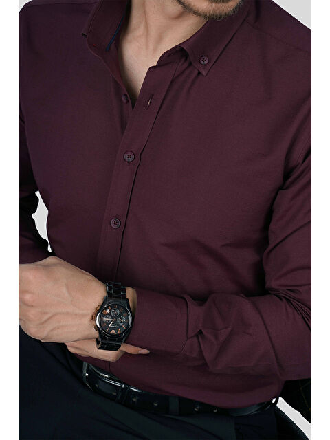 Etikmen Koyu Bordo Yaka Düğmeli Premium Şamre Slimfit Erkek Gömlek - S000512610-19952