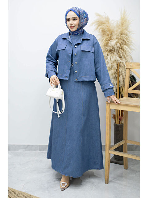 Tesettür Dünyası Kemerli Ceketli Denim Elbise TSD260164 Açık Mavi