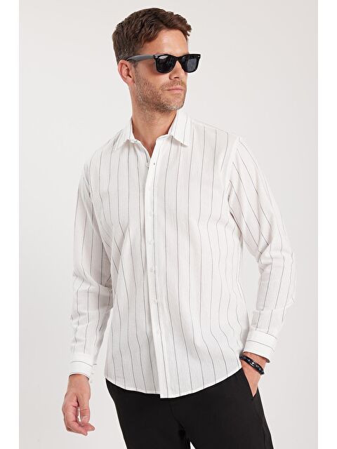 TUDORS Erkek Regular Fit Klasik Kesim Spor Yaka Çizgili Pamuk Gömlek - S000519868-23173