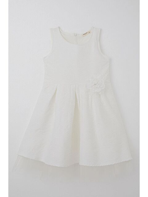 Breeze Kız Çocuk Elbise Kabartma Desenli Çiçek Aksesuarlı Ekru (8-12 Yaş) - S000383770-19965