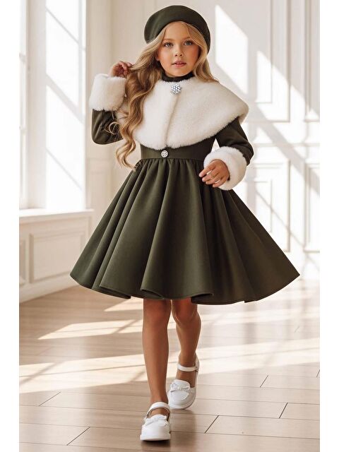 Riccotarz Kız Çocuk Pelüş Şal ve Bileklik Detaylı Şapkalı Süet Haki Abiye - S000509477-18547