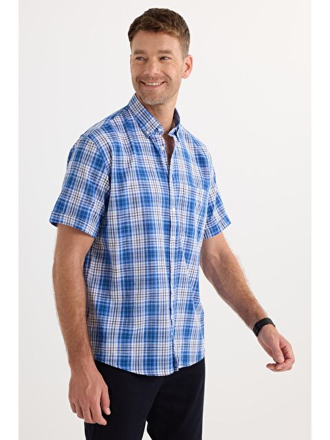 TUDORS Erkek Regular Fit Klasik Kesim %100 Pamuk Keten Doku Cepli Kareli Kısa Kollu Düğmeli Yaka Gömlek - S000519869-23173