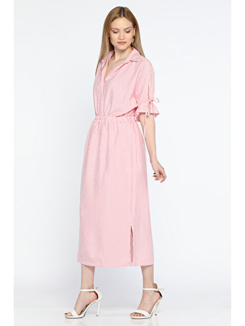 Gülseli Polo Yaka Yan Yırtmaçlı Bel Lastikli Kadın Çizgi Desenli Elbise - S000299541-20024