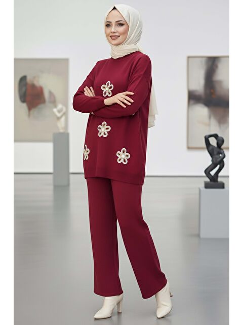 Tofisa Çiçek Nakışlı İkili Triko Takım Bordo - 27998-BORDO - S000468347-19951
