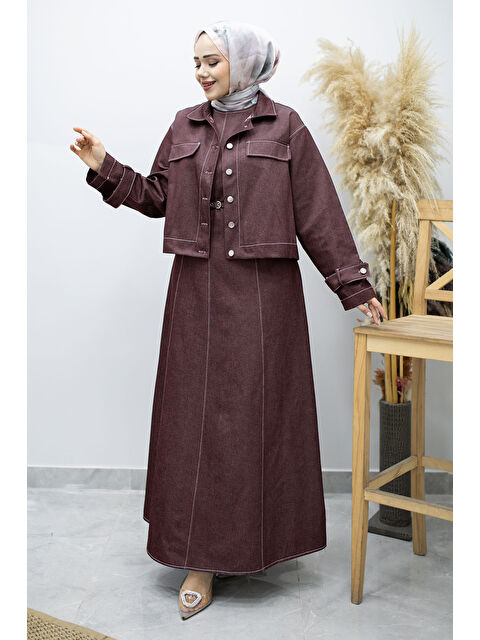 Tesettür Dünyası Kemerli Ceketli Denim Elbise TSD260164 Bordo