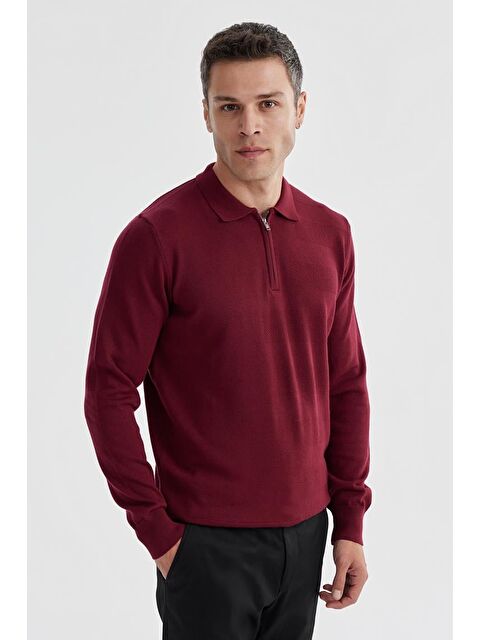JAKAMEN Bordo Slim Fit Pamuklu Desenli Fermuarlı Polo Yaka Triko Kazak - S000495759-19951