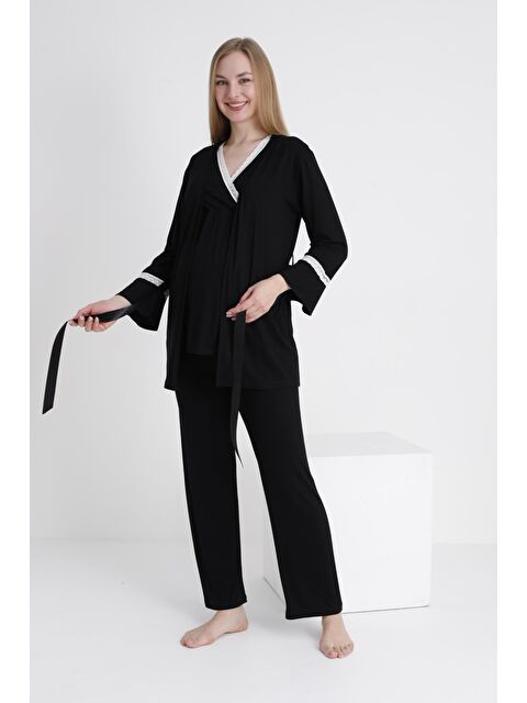 MİSS DÜNYA LİSSA Siyah Dantel Şeritli V Yaka Sabahlıklı Hamile ve Lohusa Pijama Takımı - S000380278-19351