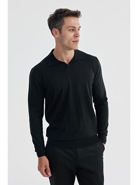 JAKAMEN Siyah Slim Fit Polo Yaka Triko Kazak - S000495761-19351