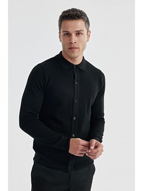 JAKAMEN Siyah Slim Fit Yünlü Düğmeli Triko Gömlek - S000495762-19351