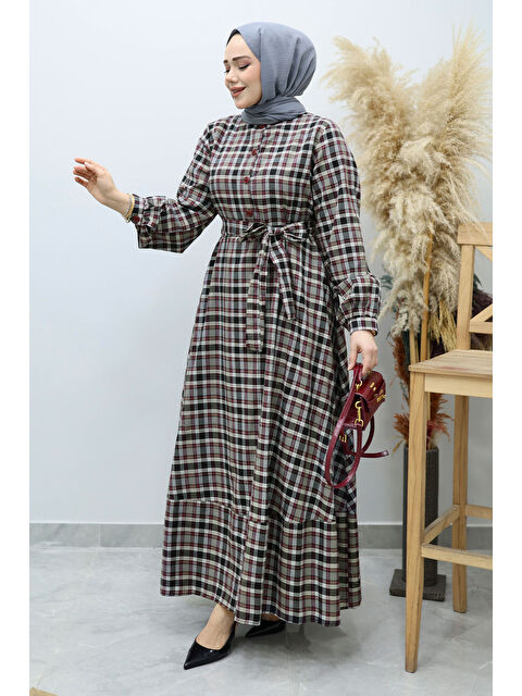 Tesettür Dünyası Önden Düğmeli Ekose Elbise TSD260131 Gri