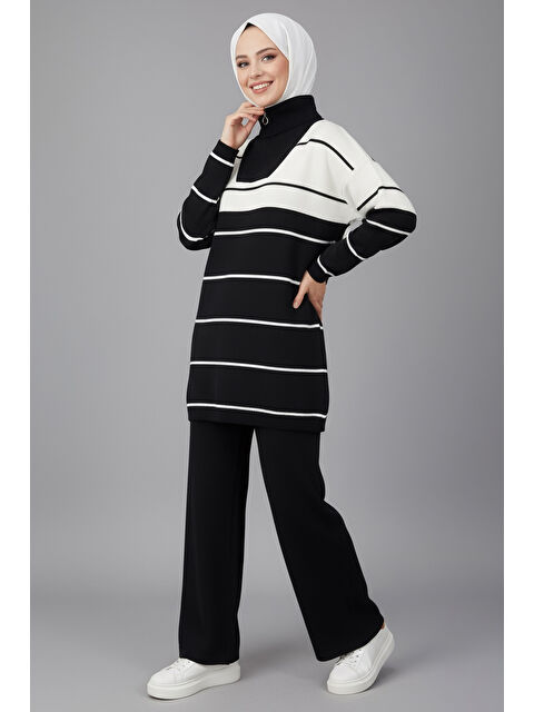 Tofisa Çizgili Fermuarlı Triko Takım Siyah - 27997-SIYAH - S000468348-19351