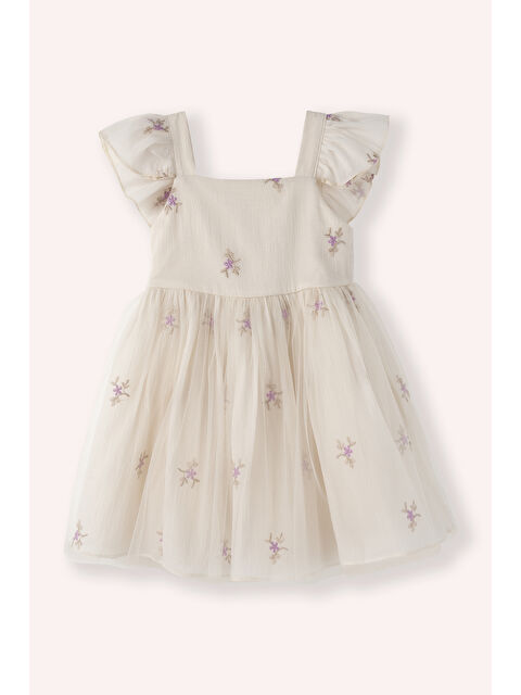 Panço Kız Bebek Çiçek Desenli Tül Bej Abiye Elbise - S000524717-19928
