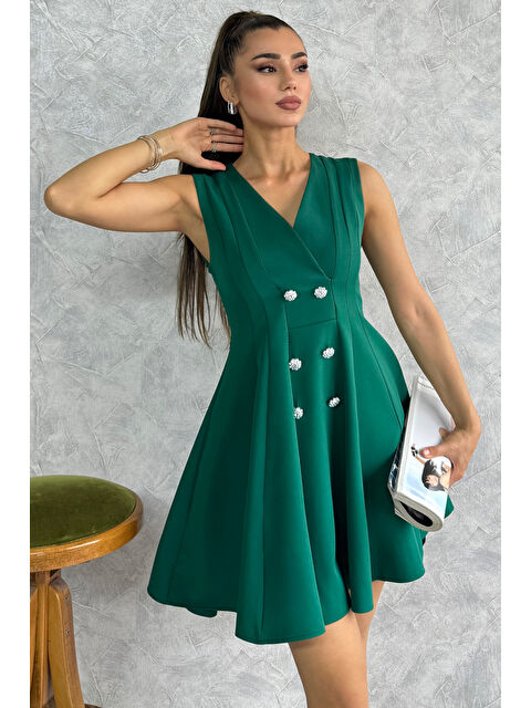 Gülseli Kruvaze Yaka Taşlı Düğmeli İçi Kendinden Astarlı Abiye Elbise - S000299421-18709