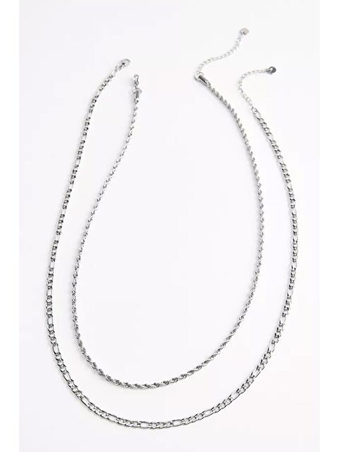 New Obsessions Gümüş Rengi Basic Burgu ve Figaro Erkek Zincir Kolye 2 'li Set - S000345482-18105