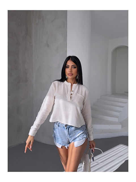 Hazelin Kadın Açık Krem Hakim Yaka Müslin Gömlek Bluz HZL25S-DSB1515 - S000361771-19966