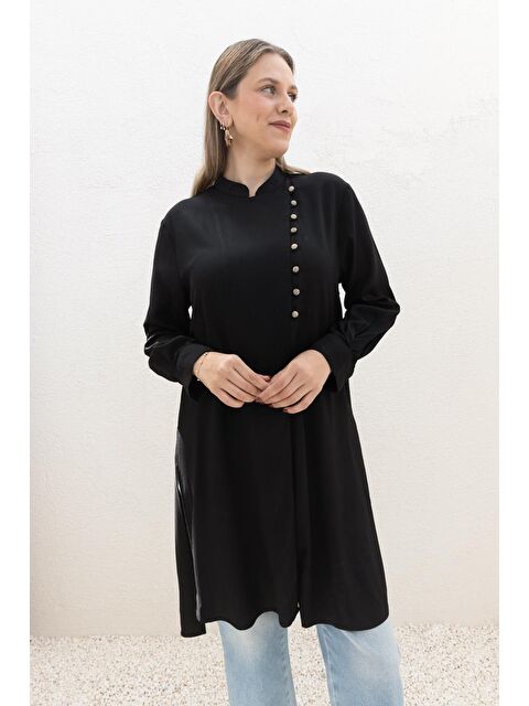 ALLDAY Siyah-Yarım Patlı Yırtmaçlı Keten Tunik - S000399213-19351