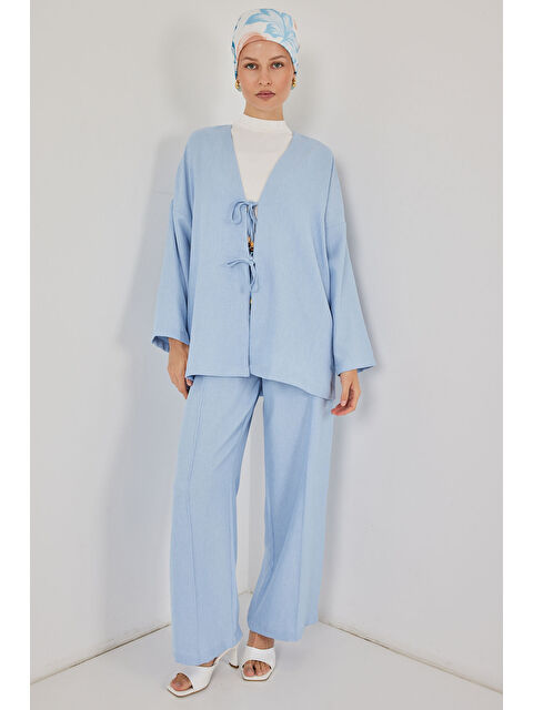 Bigdart Kadın Keten Kimono İkili Takım 6727 - Mavi - S000377828-17234
