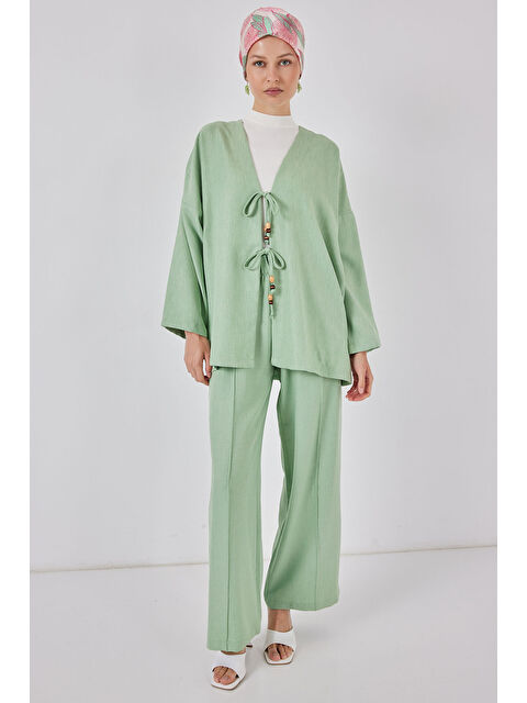 Bigdart Kadın Keten Kimono İkili Takım 6727 - E.Yeşil - S000377828-37469