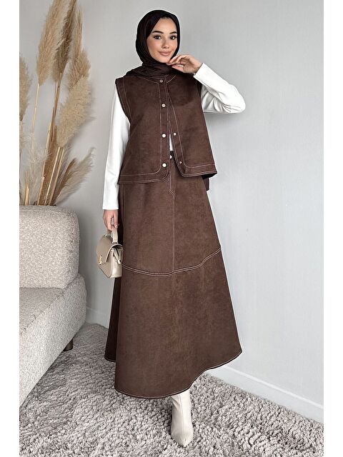 Julude Bisiklet Yaka Body Süet Yelek Etek Tesettür Üçlü Takım - S000517577-19413