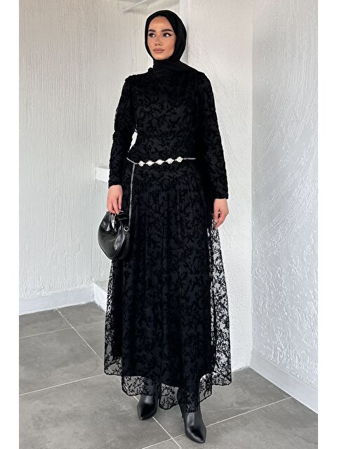 Julude Kadın Astarlı Flok Baskılı Tesettür Elbise - S000517582-19351