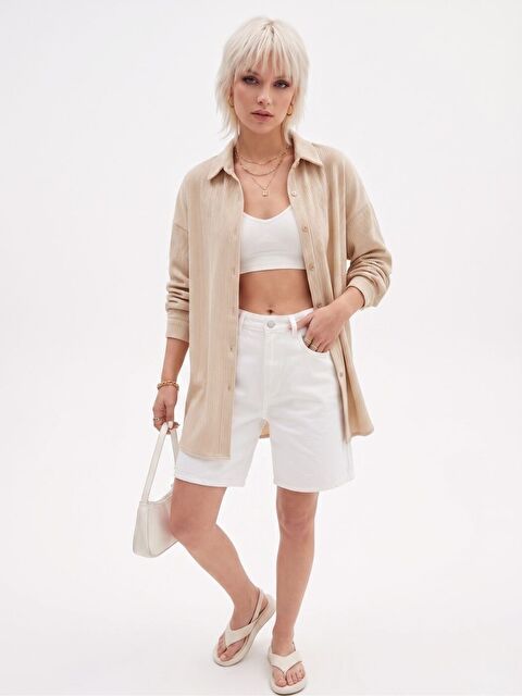 Trendseninle Kadın Bej Oversize Krinkıl Kumaş Gömlek