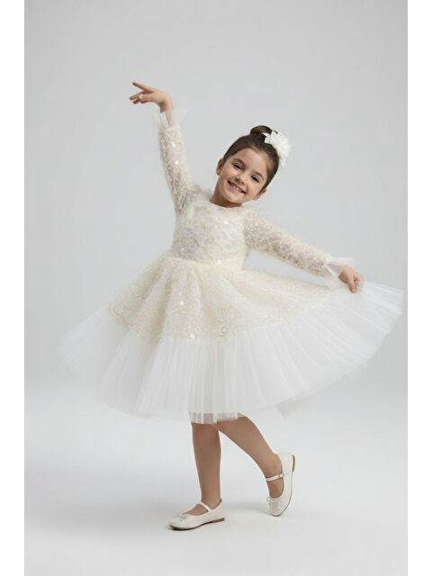 Mnk Baby & Kids Kız Çocuk İspanyol Kol Tül Detaylı Kabarık Etekli Özel Düğün Elbisesi M00793 - S000509479-19965