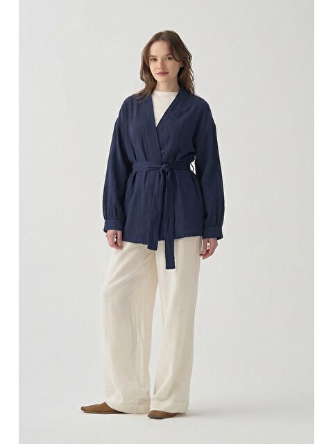 ALLDAY Lacivert-Belden Bağlamalı Müslin Ceket