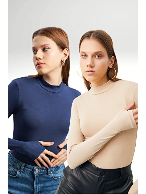 Bipantolon Kadın Krem Lacivert 2'li Parmak Detaylı Body