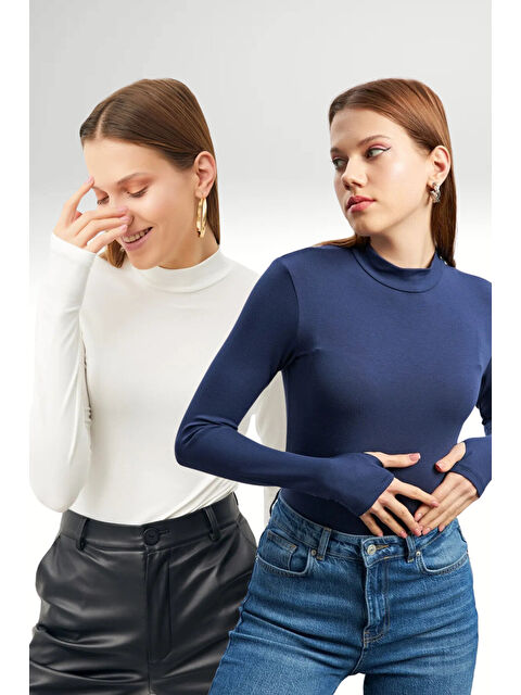 Bipantolon Kadın Beyaz Lacivert 2'li Parmak Detaylı Body