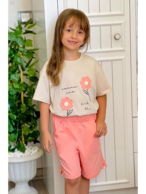 Breeze Kız Çocuk Şortlu Takım Örgü Çiçek İşlemeli Bej (6-12 Yaş) - S000401078-19928