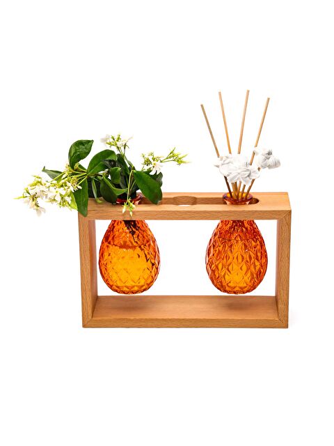 Missi Masif Ahşap Standlı Turuncu Cam İncir-Nar Oda Kokusu ve Vazo Seti - S000229043-20013