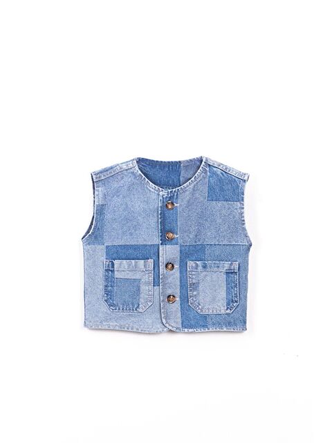 Magu Unisex Çocuk Pamuklu Mavi Patchwork Jean Yelek - Cepli Düğmeli Model - S000443262-17234