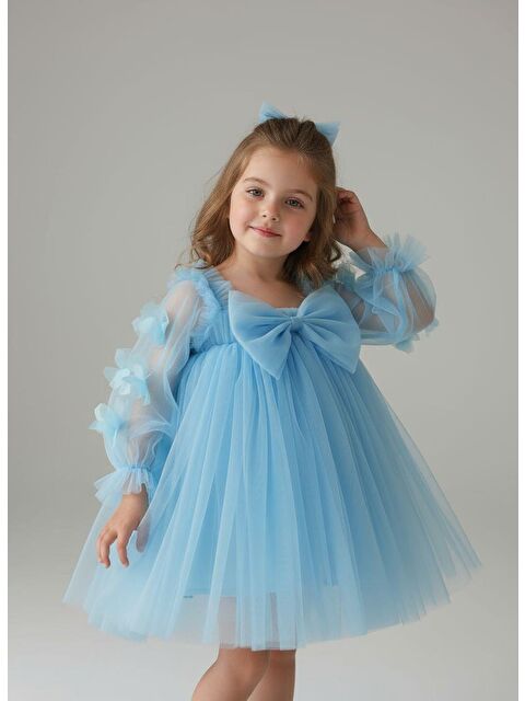 Magu Kız Çocuk Pamuklu Mavi Tül Detaylı Fiyonk Elbise - S000443261-17234