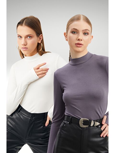 Bipantolon Kadın Beyaz Gri 2'li Parmak Detaylı Body