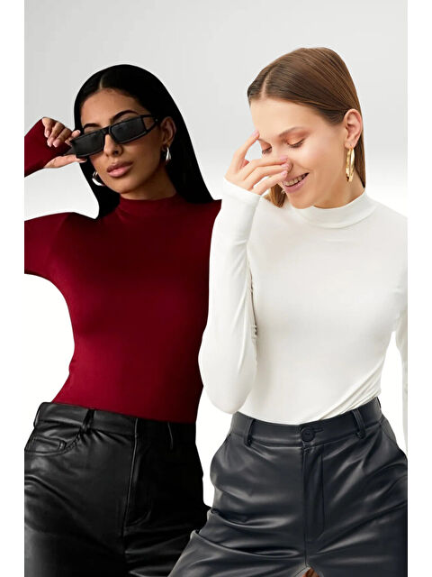 Bipantolon Kadın Bordo Beyaz 2'li Parmak Detaylı Body