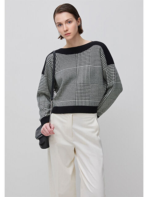 United Colors Of Benetton Kadın Gri Pamuk ve Yün Karışımlı Ekose Desenli Kayık Yaka Kazak - S000517672-20600