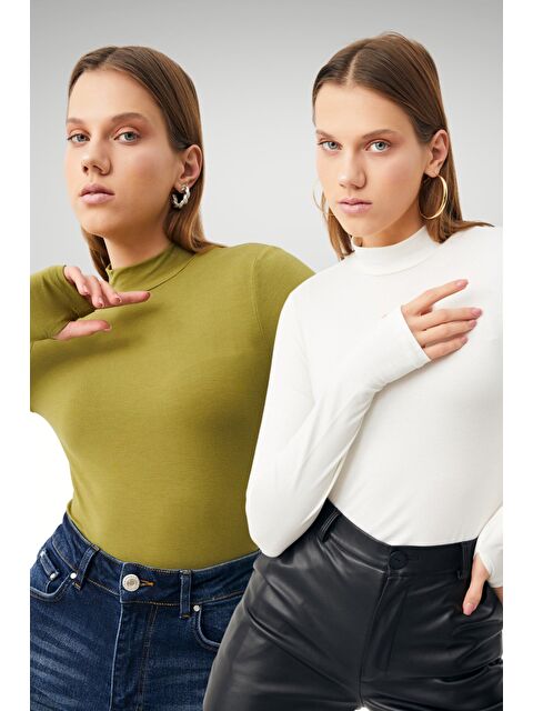 Bipantolon Kadın Yağ Yeşili Beyaz 2'li Parmak Detaylı Body