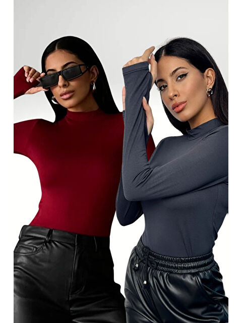Bipantolon Kadın Bordo Antrasit 2'li Parmak Detaylı Body