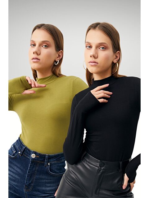 Bipantolon Kadın Yağ Yeşili Siyah 2'li Parmak Detaylı Body