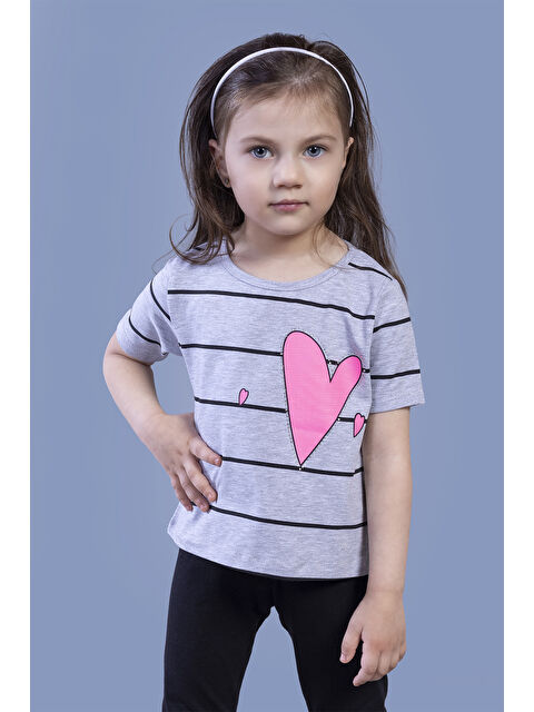 Toontoykids Kız Çocuk Çizgli Kalp Baskılı Taş İşlemeli Tişört