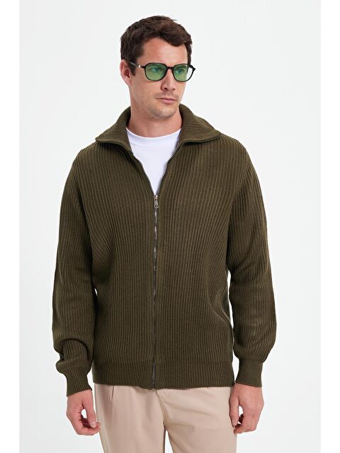 TUDORS Erkek Slim Fit Dik Yaka Fermuarlı Haki Düz Hırka - S000519879-18547